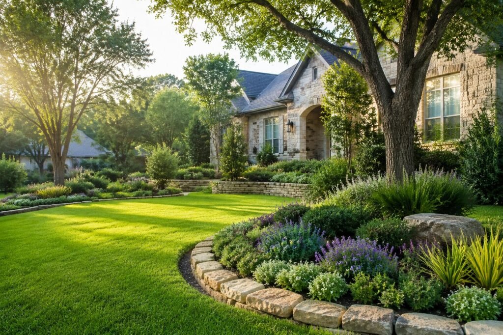 Sample professionally landscaped lawn and garden at a DFW home