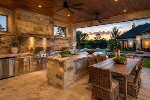 Covered patio with outdoor kitchen and fireplace in a Dallas–Fort Worth backyard