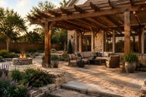 Sample cedar pergola and stone patio project at a DFW home