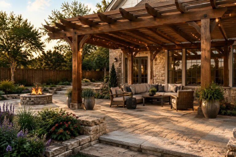 Sample cedar pergola and stone patio project at a DFW home